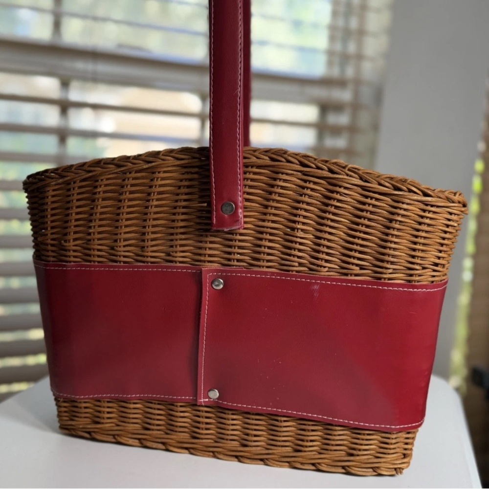 Vintage Wicker Garden Tote Basket, Red Faux Leather Tool Organizer,Decor Storage - Picture 5 of 8
